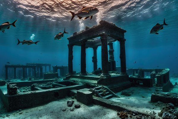 Ancient sunken ruins reveal captivating marine life exploring stunning underwater site